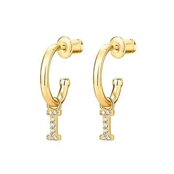 PAVOI 14K Yellow Gold Plated 925 Sterling Silver Post Huggie Earrings with Initial Dangle - CZ Initial Huggie Hoop Earrings - Women's Cubic Zirconia I Initial Huggies