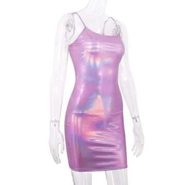 jascaela Womens Sexy Shiny Reflective Metallic Spaghetti Strap Sleeveless Backless Bodycon Club Party Mini Dress (Medium)