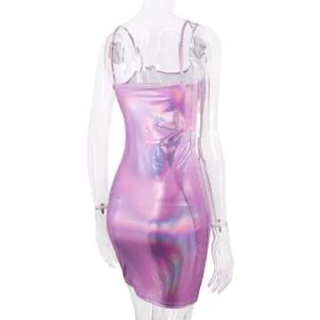 jascaela Womens Sexy Shiny Reflective Metallic Spaghetti Strap Sleeveless Backless Bodycon Club Party Mini Dress (Medium)