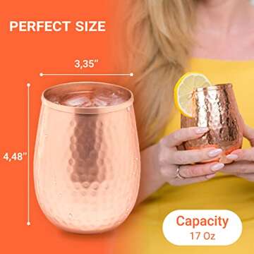 Copper wine glasses set of 4 – 17oz gleaming 100% solid hammered copper stemless wine cups – Valent for men and women – great copper tumblers for red or white wine and Moscow mules.