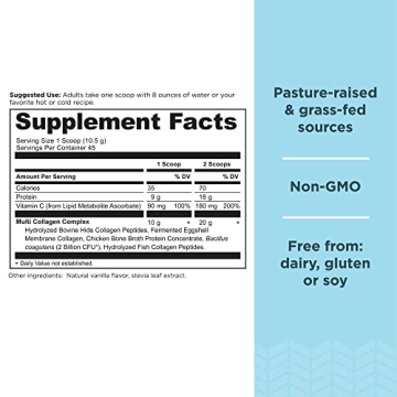 Collagen Powder Protein by Ancient Nutrition, Multi Collagen Vanilla Protein Powder, 45 Servings, with Vitamin C, Hydrolyzed Collagen Peptides Supports Skin and Nails, Gut Health, 16.7oz