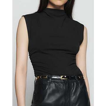 Lauweion Women Sleeveless Mock Neck Ruched Tank Tops Slim Fit Solid Casual Turtleneck Crop Top Black