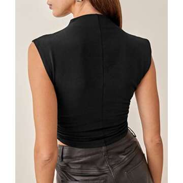 Lauweion Women Sleeveless Mock Neck Ruched Tank Tops Slim Fit Solid Casual Turtleneck Crop Top Black