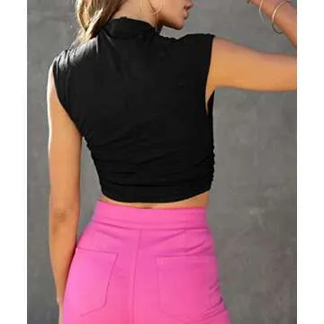 Lauweion Women Sleeveless Mock Neck Ruched Tank Tops Slim Fit Solid Casual Turtleneck Crop Top Black