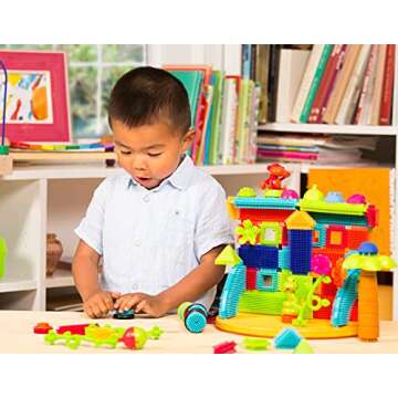 Battat- Bristle Blocks- STEM Interlocking Building Blocks- 128 pc Playset- Reusable Storage Bucket- Developmental Toys for Toddlers & Kids- Jungle Adventure Bucket- 2 Years +