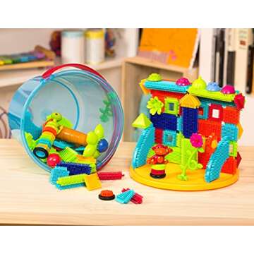 Battat- Bristle Blocks- STEM Interlocking Building Blocks- 128 pc Playset- Reusable Storage Bucket- Developmental Toys for Toddlers & Kids- Jungle Adventure Bucket- 2 Years +