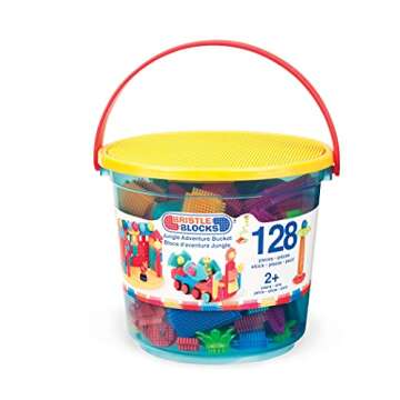 Battat- Bristle Blocks- STEM Interlocking Building Blocks- 128 pc Playset- Reusable Storage Bucket- Developmental Toys for Toddlers & Kids- Jungle Adventure Bucket- 2 Years +