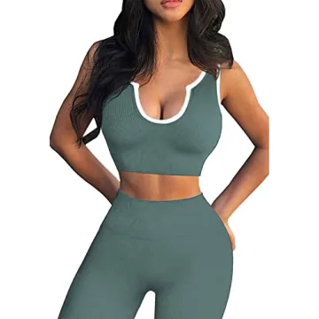 Work Out Sets Womens - Gym Two Piece Outfits Seamless Crop Tank High Waist Yoga Leggings