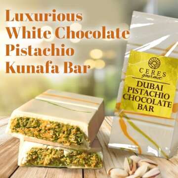 Ceres Gourmet Dubai Chocolate Bar Pistachio 3.5 Oz with White Chocolate Knafeh, Perfectly Portioned Packaging Dubai Chocolate, Premium Kunafa Chocolate Bars (3.5 Oz, White Chocolate)