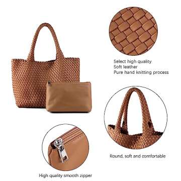 LEMONEYE Women's PU Handwoven Handbag Shoulder Bag Fashion Belt Wallet Suitable for Work Shopping Travel Daily (Brown)