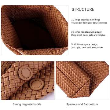 LEMONEYE Women's PU Handwoven Handbag Shoulder Bag Fashion Belt Wallet Suitable for Work Shopping Travel Daily (Brown)