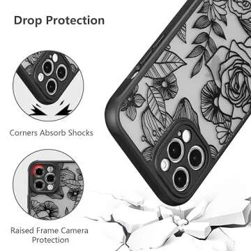 XIZYO Case for iPhone 14 Pro 6.1 Inch, Rose Pattern Floral Print Design Slim Case for Girls Women TPU Bumper Shockproof Protective Cover, Black