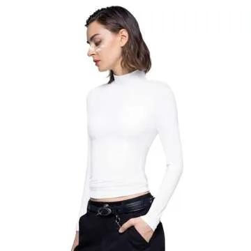 PUMIEY Long Sleeve Shirts for Women Turtleneck Slim Fit T Shirts Going Out Tops Basic Tee, Splashed White Large