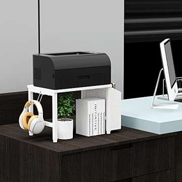 VEDECASA White Wooden Under Desk Printer Stand Holder with Storage Bin Headphone Hook for Home Office, Multi Purpose Organizer Modern Desktop Printer Shelf with Adjustable Anti-Skid Pads (White)