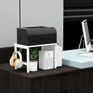 VEDECASA White Wooden Under Desk Printer Stand Holder with Storage Bin Headphone Hook for Home Office, Multi Purpose Organizer Modern Desktop Printer Shelf with Adjustable Anti-Skid Pads (White)