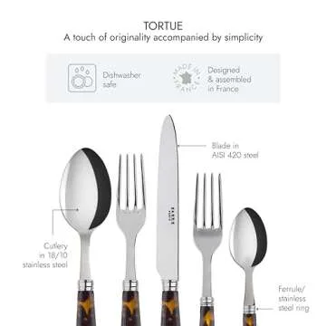 SABRE PARIS - 5-Piece Flatware Set - Tortue Collection - Knife, Fork, Soup Spoon, Teaspoon & Dessert Fork - Stainless Steel & Acrylic - Dishwasher Safe - Scaled Effect