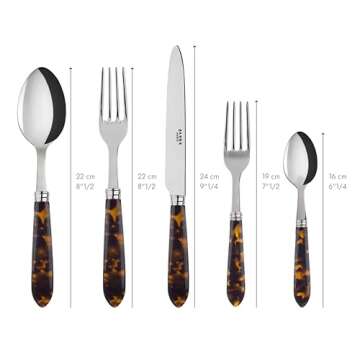 SABRE PARIS - 5-Piece Flatware Set - Tortue Collection - Knife, Fork, Soup Spoon, Teaspoon & Dessert Fork - Stainless Steel & Acrylic - Dishwasher Safe - Scaled Effect