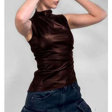 Women's Soft Leather Tank Crop Top Vest Sleeveless Asymmetrical Ruched Sexy Mock Neck Pleated T-Shir...