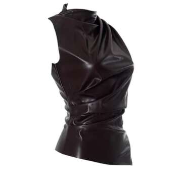 Women's Soft Leather Tank Crop Top Vest Sleeveless Asymmetrical Ruched Sexy Mock Neck Pleated T-Shirt