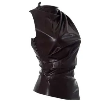 Women's Soft Leather Tank Crop Top Vest Sleeveless Asymmetrical Ruched Sexy Mock Neck Pleated T-Shirt