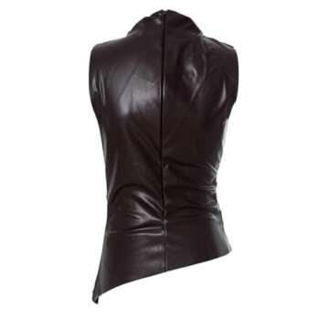 Women's Soft Leather Tank Crop Top Vest Sleeveless Asymmetrical Ruched Sexy Mock Neck Pleated T-Shirt