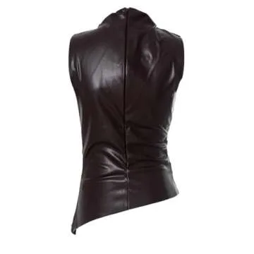 Women's Soft Leather Tank Crop Top Vest Sleeveless Asymmetrical Ruched Sexy Mock Neck Pleated T-Shirt