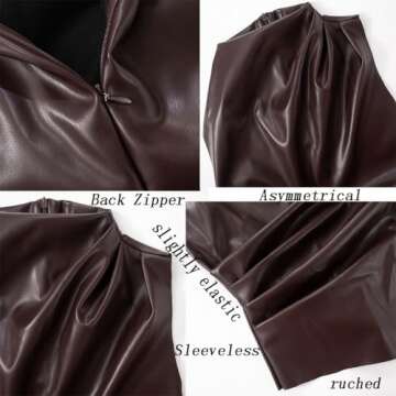 Women's Soft Leather Tank Crop Top Vest Sleeveless Asymmetrical Ruched Sexy Mock Neck Pleated T-Shirt