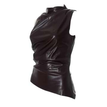 Women's Soft Leather Tank Crop Top Vest Sleeveless Asymmetrical Ruched Sexy Mock Neck Pleated T-Shirt