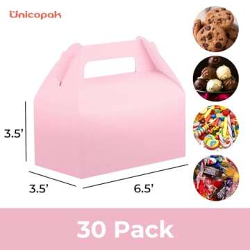 UnicoPak 30 Pack Pink Gable Treat Boxes for Parties, 6.5x3.5x3.5 Inches