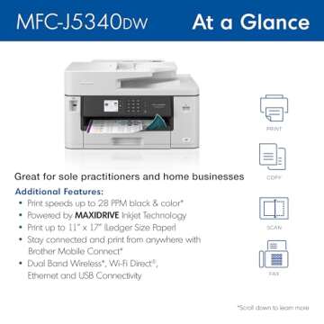 Brother MFC-J5340DW Business Color Inkjet All-in-One Printer with Printing up to 11”x17 (Ledger) Size Capabilities, White