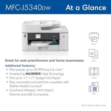 Brother MFC-J5340DW Business Color Inkjet All-in-One Printer with Printing up to 11”x17 (Ledger) Size Capabilities, White