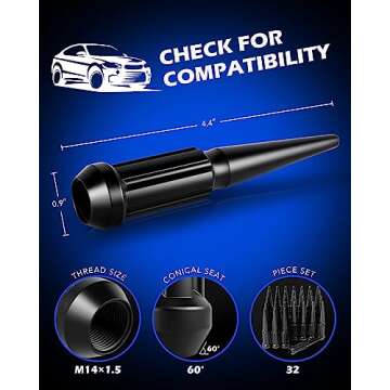 14x1.5 Lug Nuts Black 32 Piece, M14x1.5 Spike Lug Nuts Wheel Accessories Compatible with Chevy Ram F...