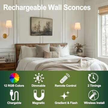 TERLEENART Battery Operated Wall Sconce Set of 2, Battery Rechargeable 3 Colors Dimmable Fabric Wall...
