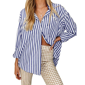 thefabland Women's Blouses Striped Long Sleeve Shirts Button Down Loose Fit Casual Tops