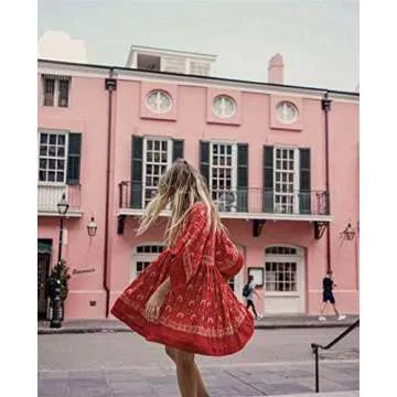 R.Vivimos Women's Summer Cotton Half Sleeve Casual Loose Bohemian Floral Tunic Dress