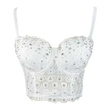 ELLACCI Women's Natural Reigning Lace Rhinestone Bustier Crop Top Sexy Mesh Corset Top Bra Large White