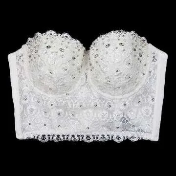 ELLACCI Women's Natural Reigning Lace Rhinestone Bustier Crop Top Sexy Mesh Corset Top Bra Large White