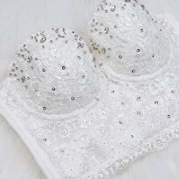 ELLACCI Women's Natural Reigning Lace Rhinestone Bustier Crop Top Sexy Mesh Corset Top Bra Large White