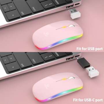 【Upgrade】 LED Wireless Mouse, Slim Silent Mouse 2.4G Portable Mobile Optical Office Mouse with USB & Type-c Receiver, 3 Adjustable DPI Levels for Notebook, PC, Laptop, Computer, MacBook (Pink)