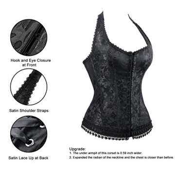 Kimring Women's Fashion Elegant Floral Embroidery Halter Satin Lace Up Corset Black Large