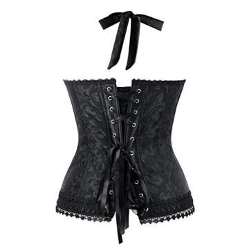 Kimring Women's Fashion Elegant Floral Embroidery Halter Satin Lace Up Corset Black Large