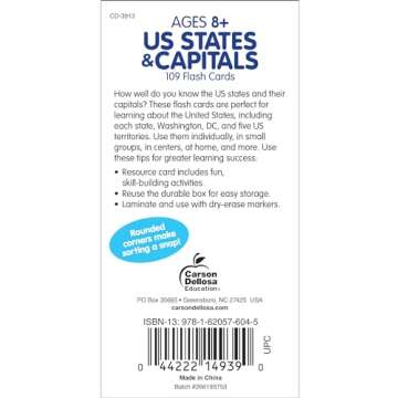 Carson Dellosa States and Capitals Flash Cards for Kids Ages 8+, Geography Flash Cards with US Histo...