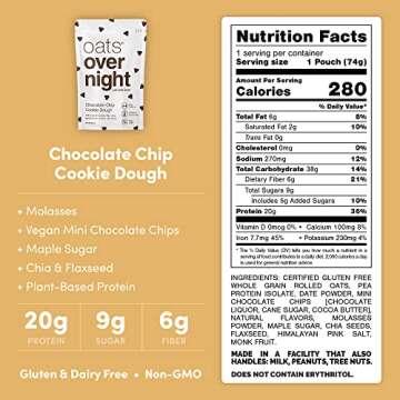 Oats Overnight - Chocolate Chip Cookie Dough - Vegan, 20g Protein, High Fiber Breakfast Shake - Glut...