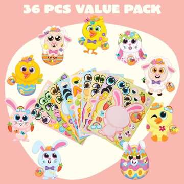 JOYIN 36 PCS Easter Match Make a Face Stickers with Chick Bunny Sheep Egg Pattern, Stickers for Kids, Easter Decorations for Water Bottle, Basket Stuffers,Classroom Gifts