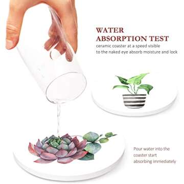 Britimes Coaster for Drinks Set of 6, Tropical Plants Watercolor Flowers Succulent Absorbent Round Ceramic Stone Mat, with Cork Base and Metal Holder, Gift for Housewarming Room Bar Decor