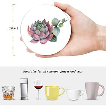 Britimes Coaster for Drinks Set of 6, Tropical Plants Watercolor Flowers Succulent Absorbent Round Ceramic Stone Mat, with Cork Base and Metal Holder, Gift for Housewarming Room Bar Decor