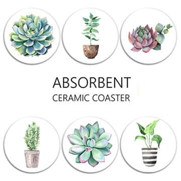 Britimes Coaster for Drinks Set of 6, Tropical Plants Watercolor Flowers Succulent Absorbent Round Ceramic Stone Mat, with Cork Base and Metal Holder, Gift for Housewarming Room Bar Decor
