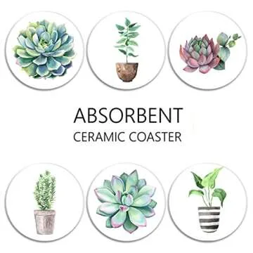 Britimes Coaster for Drinks Set of 6, Tropical Plants Watercolor Flowers Succulent Absorbent Round Ceramic Stone Mat, with Cork Base and Metal Holder, Gift for Housewarming Room Bar Decor