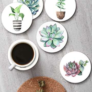 Britimes Coaster for Drinks Set of 6, Tropical Plants Watercolor Flowers Succulent Absorbent Round Ceramic Stone Mat, with Cork Base and Metal Holder, Gift for Housewarming Room Bar Decor