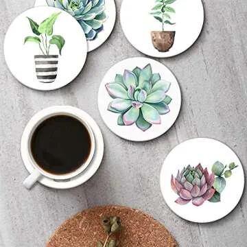 Britimes Coaster for Drinks Set of 6, Tropical Plants Watercolor Flowers Succulent Absorbent Round Ceramic Stone Mat, with Cork Base and Metal Holder, Gift for Housewarming Room Bar Decor